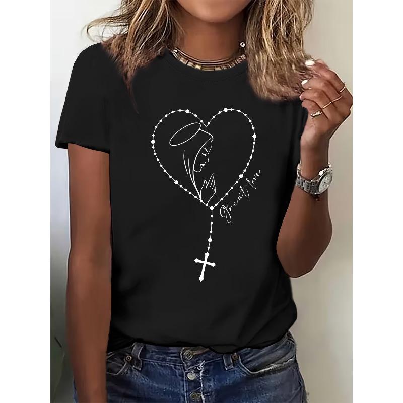 

Women Rosary Bead Heart Print Tee Praying Woman Silhouette Great Love Graphic Short Sleeve Casual Elegant Summer Top S чёрный