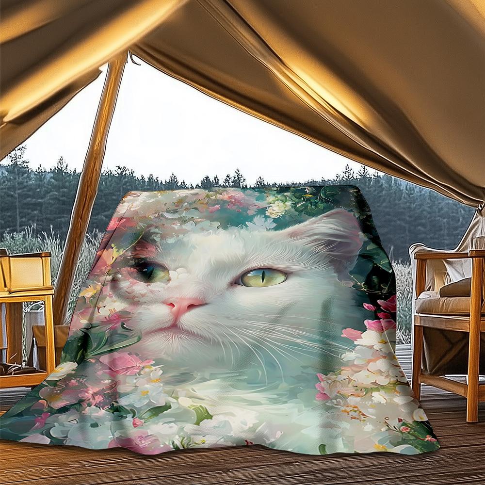 1pc Floral Cat Print Outdoor Flannel Blanket Soft All Season Polyester Throw , Perfect for Picnics & Travel , Picnic Accessory