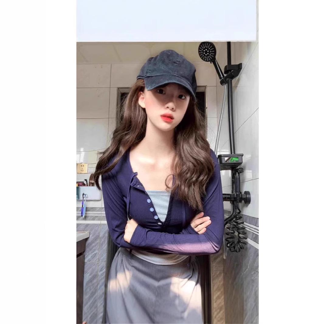 

Women s Sweet & Spicy Two-Piece Long Sleeve Halter T-Shirt - Unique Early Autumn Slimming Design L темно-синього кольору