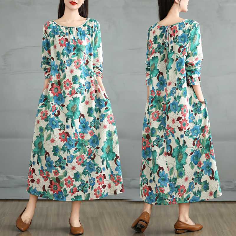 

Женское винтажное платье с цветочным принтом, с коротким рукавом - Свободного кроя, с круглым вырезом, платье-смок, из дышащей смеси хлопка и льна M синий