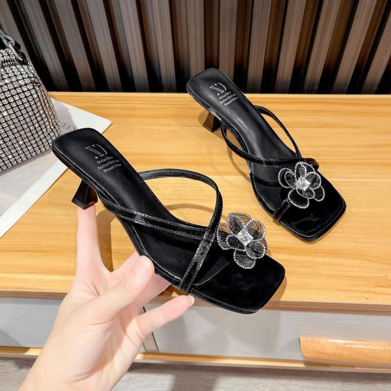 

Летние модные новые квадратные босоножки женские туфли-шпильки со стразами и цветочной лентой пляжные тапочки 39 чёрный