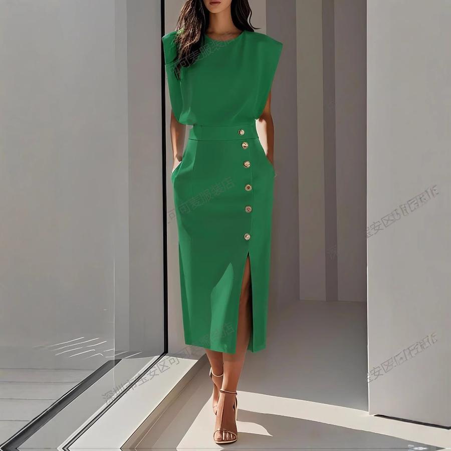 Fashion Girly Solid Color Crew Neck Ruched Hem Metal Button Summer Dress for Women