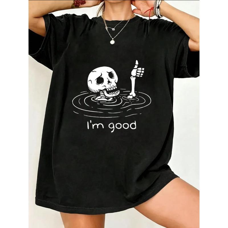 

Oversize Women s Short-Sleeve T-Shirt with Skull in Water, Thumbs-Up Bone Hand Print and I m good Text XXXXL чёрный