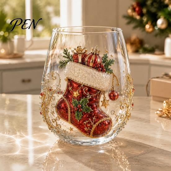 Elegant Wine Glass Set Creative Transparent Santa Claus Pattern Mug, 3D Embossed Christmas Aesthetic Tea Cups, Drinking with Tree Wreath Socks Design,