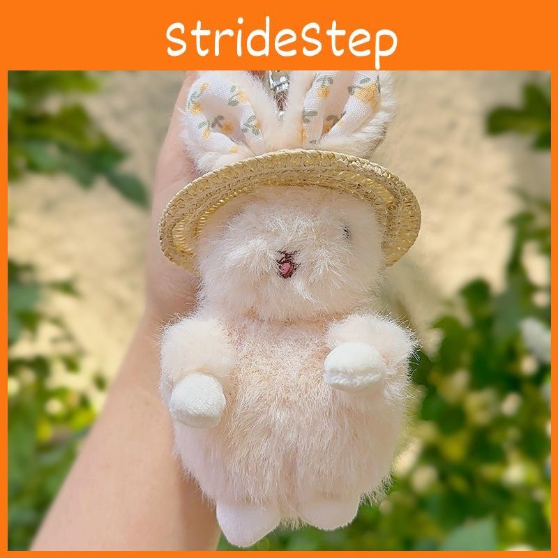 Cute Plush Rabbit Keychain With Floral Ear And Straw Hat Design For Daily Use
