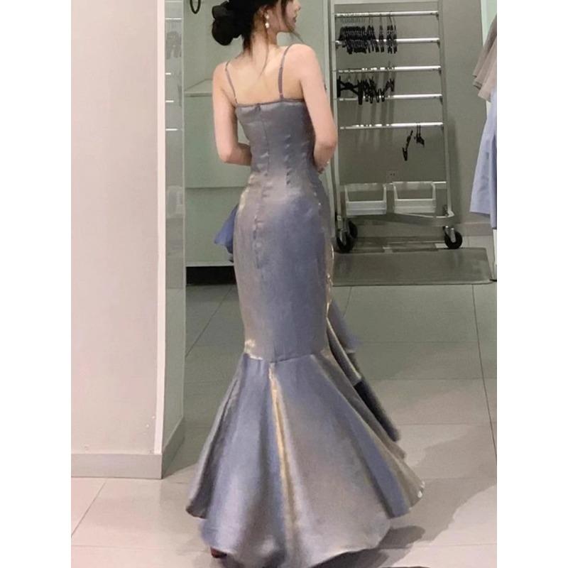 Korejské Vintage Sametové dlouhé šaty Dámské Luxusní Tenká Mořská Panna Špagetové Pásky Květinové Šaty Elegantní Sexy Ležérní Společenské šaty