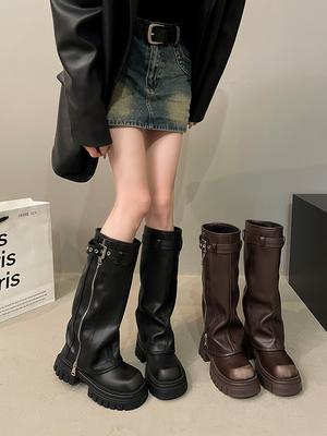 Botas Longas Femininas Plataforma Nova Inverno Zíper Pelúcia Elegantes Altas até o Joelho Sapatos Botas de Fundo Grosso
