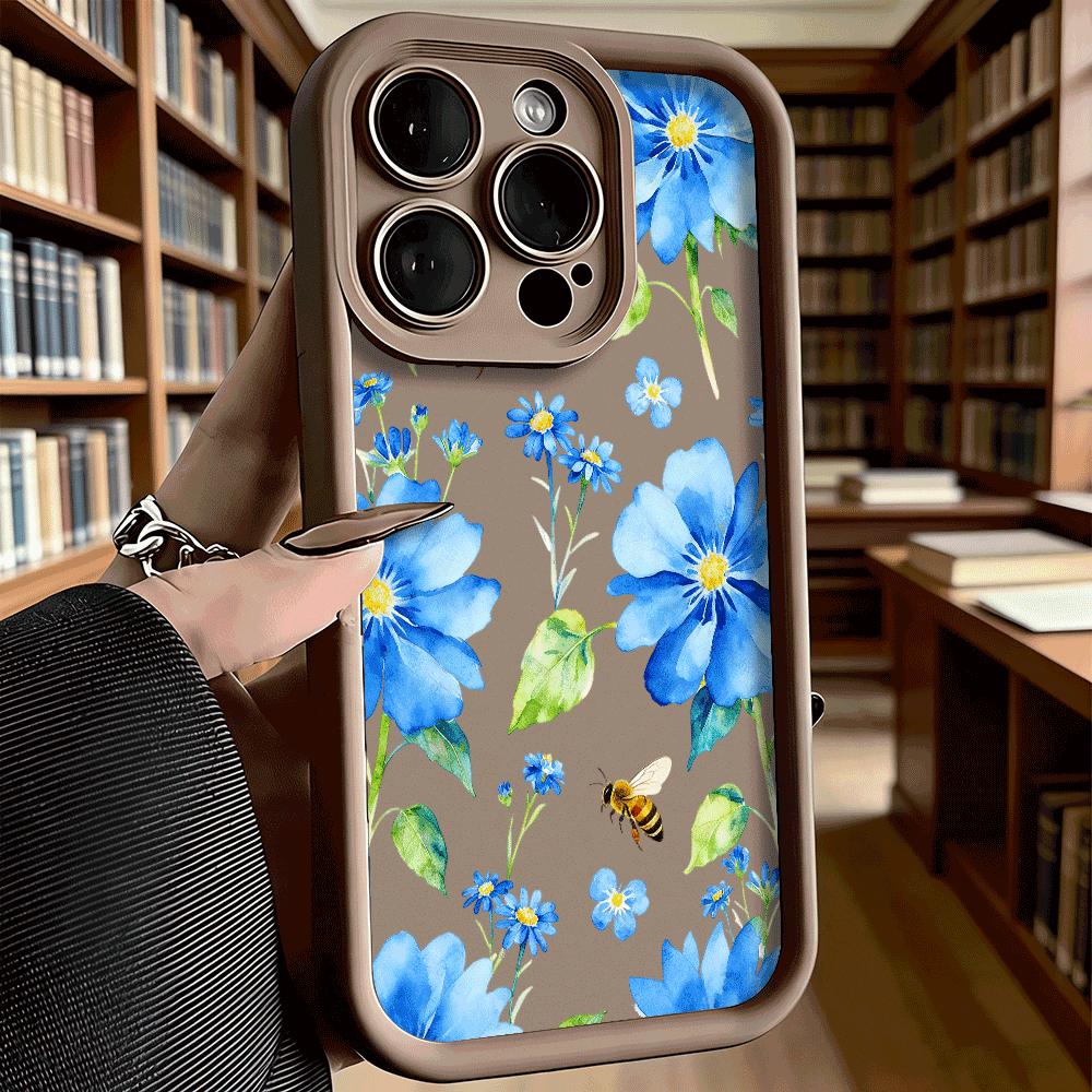Blue Flowers Bees Pattern Shockproof Soft Phone Case For Xiaomi Redmi Note 15 14 13 12 11 10 9 8 Pro Anti-Slip Anti-Fall Cover