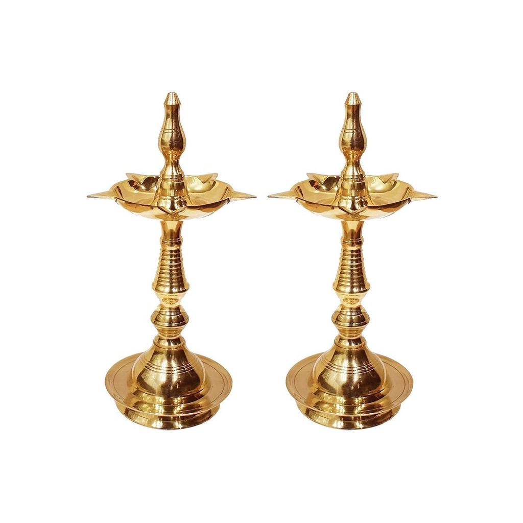 Set of 2 Brass Nilavilakku Kerala Diya Oil Lamp Stand for Home Decor Puja Room Temple Mandir Office Festival Panchmukhi Diya Decorations Items
