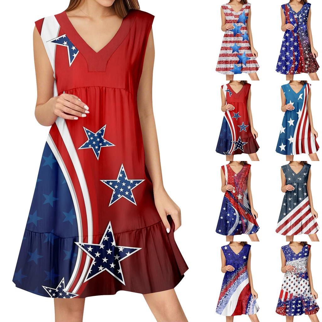 Womens Summer Dress Sleeveless V Neck  Independence Day Flag Print Short Dresses Fashion Casual Flowy Boho Ruffle A Line Swing Sundress