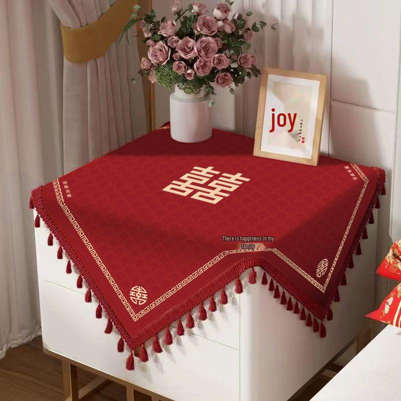Claret Red Double Happiness Wedding Bedside Tablecloth