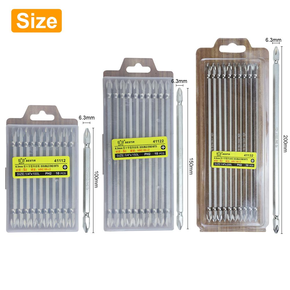 BESTIR 10pcs Screwdriver Bit Set 65-200mm 1/4" Shank S2 Alloy Double Ended PH1 PH2 PH3 Strong Magnetic Cross Phillips Batch Head