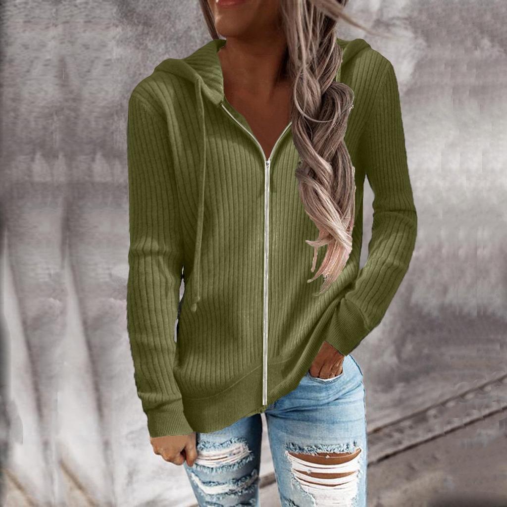 Langarm-Cardigan mit offener Vorderseite für Damen, lässiger Strick-Sweatshirt-Mantel mit Kapuze und Reißverschluss