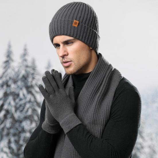 Yousheng 3Pcs/Set Men Hat Scarf Gloves Set Plush Ball Hat Cold Protection Scarf Touchscreen Gloves Set Ski Cycling Gear