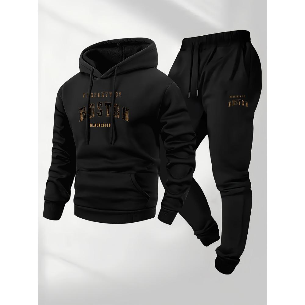 Boston Print Men's Two Piece Set, Casual Long Sleeved Hooded Sweatshirt and Sweatpants Set, Suitable for Winter and Autumn Wear, Sportswear Set