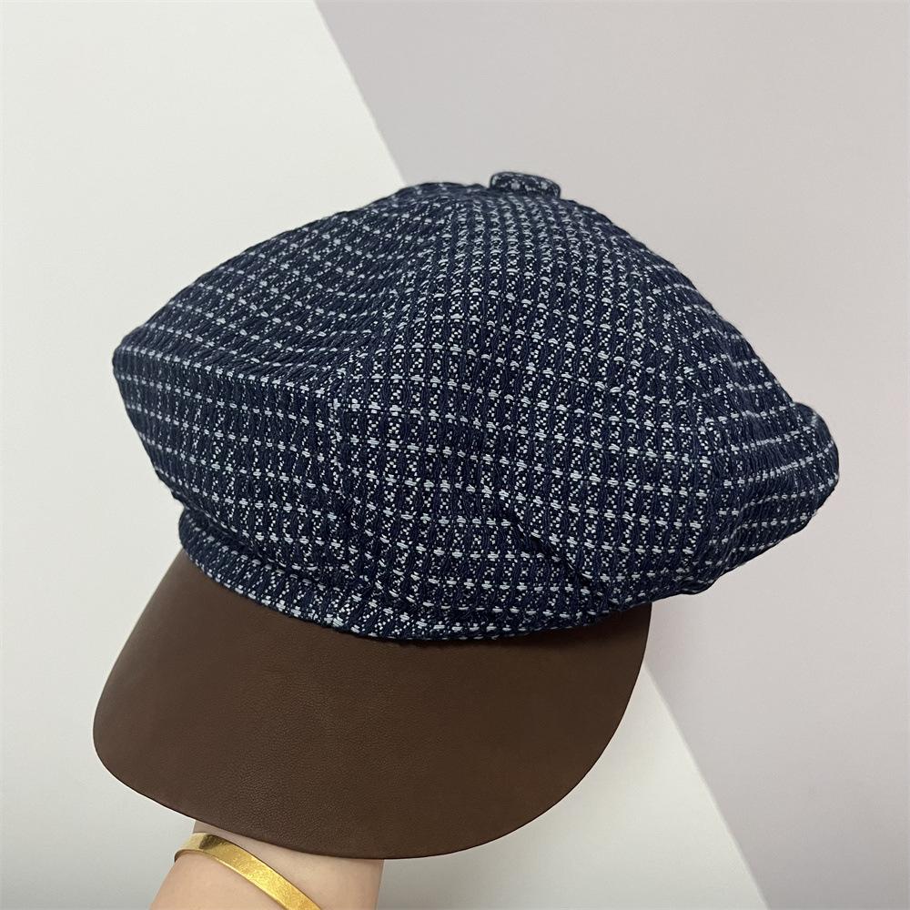 

New retro leather brim splicing octagonal hat children s fashionable small blue plaid out of the street beret tide adult average size темно-синього кольору