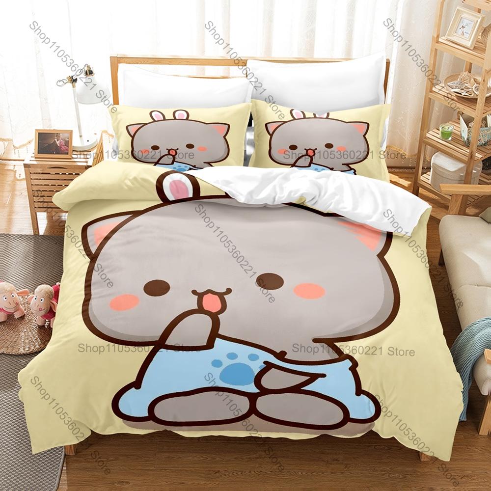 Popular Peach Cat IP Duvet Cover + 2 Pillowcases, Lovely Pink Cat Pattern Bedding Set for Fan Collection
