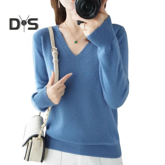 Женский свитер с V-образным вырезом, длинным рукавом, однотонный трикотажный топ, стандартный крой, эластичный джемпер, эластичный трикотаж XL синий