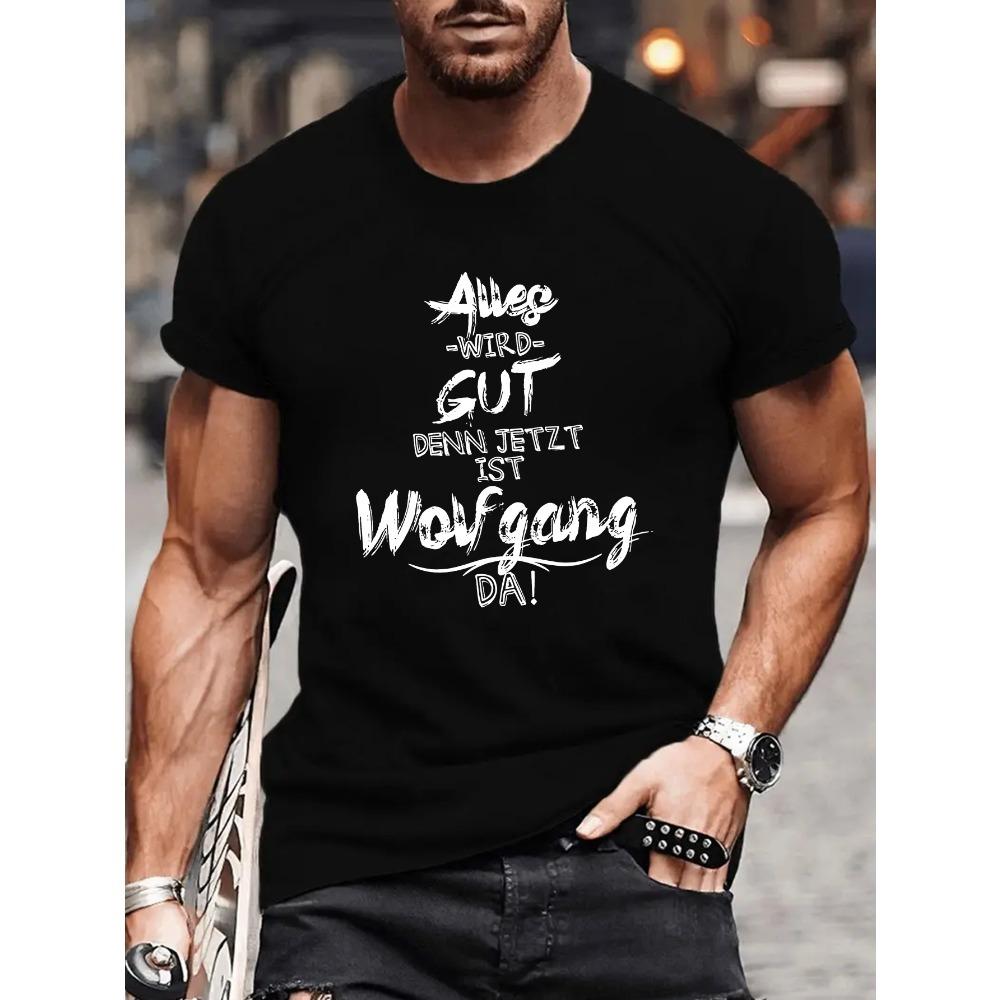 

European sizes Men s Wolfgang Short Sleeve T-Shirt - Casual Summer Round Neck Top with Wolfgang Print, Machine Washable & Breathable Shirt 4XL чорний