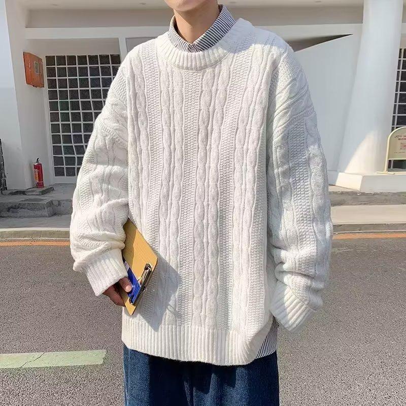 Pullover Sweater Men's Autumn and Winter Solid Color Simple Retro Crew Neck Knitted Sweater Lazy Wind Twist Thread