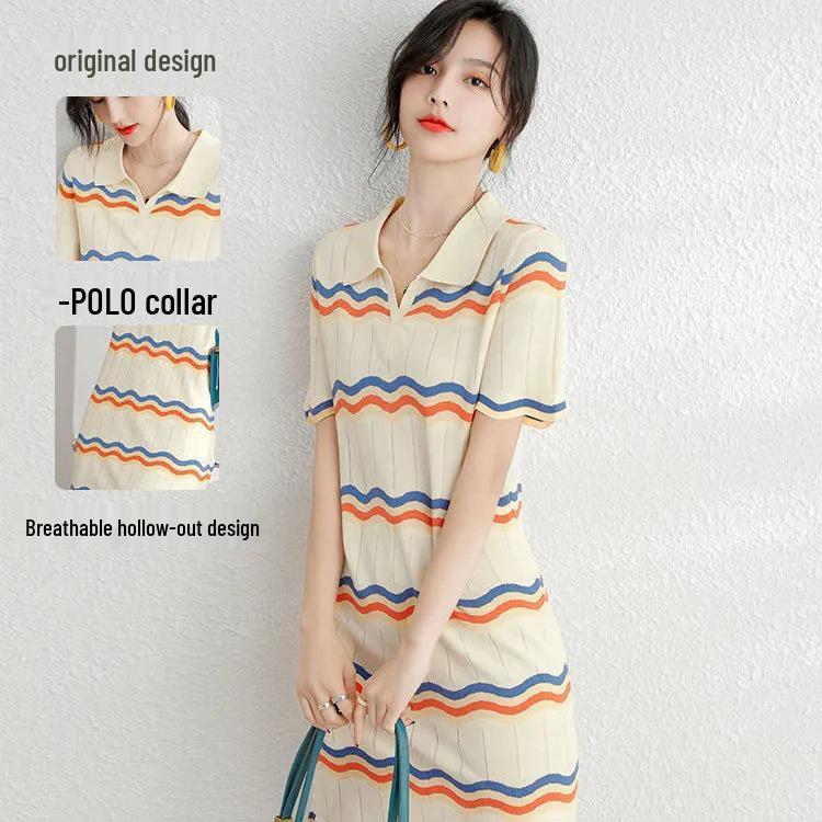 

Шикарное трикотажное платье с полосатым узором «волна» абрикосового цвета с воротником поло - Женское модное летнее платье с коротким рукавом из ледяного шелка. One Size - Premium Version абрикосовый