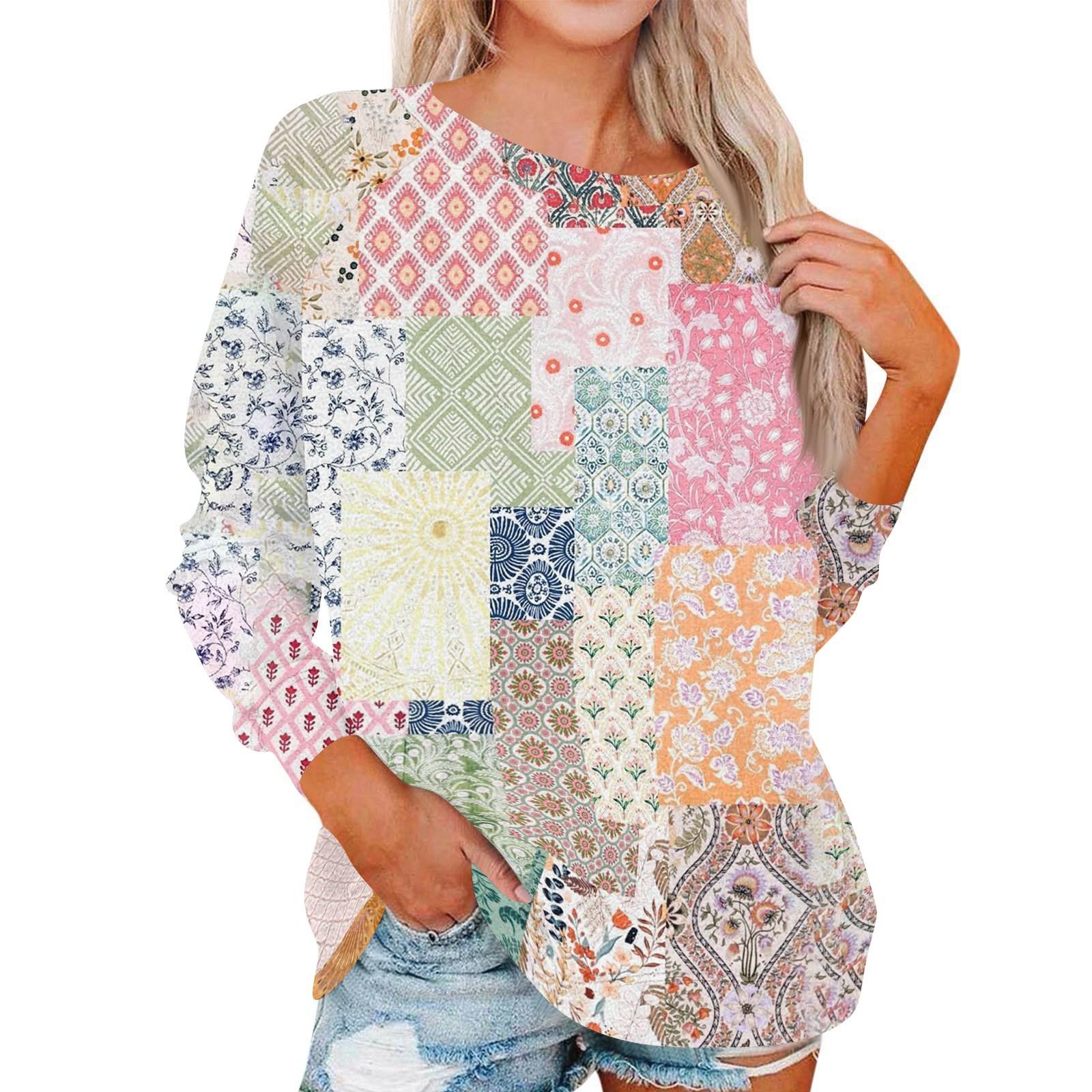 

Women s Fashionable Round Neck Shoulder Long Sleeved Printed Casual Pullover Top L рожевий