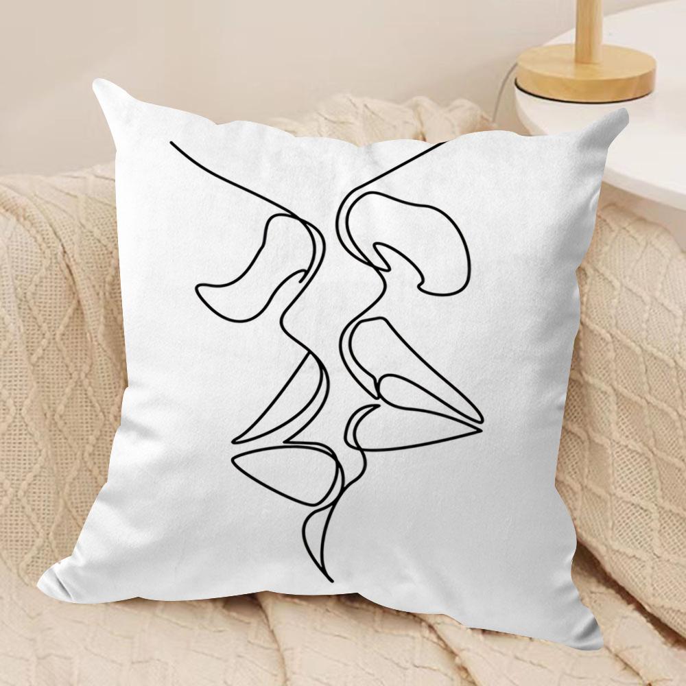 Black White Couple Line Cushion Cover Soft Plush Fabric Double-Sided Printed Sofa Cushion Cover for All Seasons Home Decor Gift