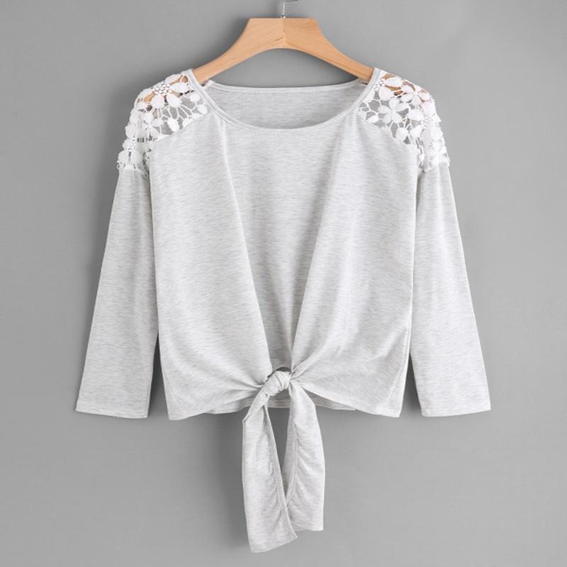 Timeless Design Cotton And Polyester Womens Lace Stitching Round Neck Top