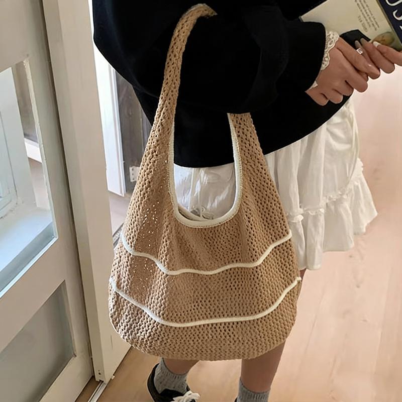 Spring Summer Woven Tote Bag Dopamine Color Shoulder & Underarm Bag Trendy Casual Beach Hollow Out Handbags