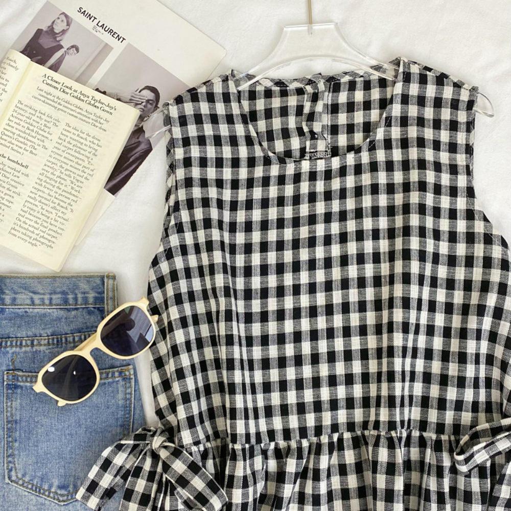 Retro Plaid Sleeveless Ruffle Vest with Bow Tie for Women