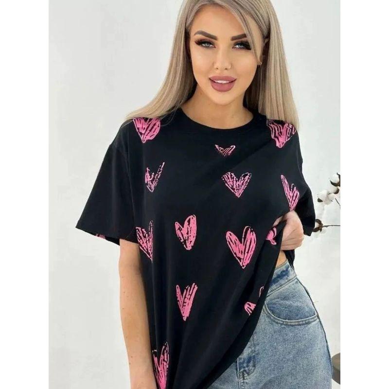 Fashion Printed Crew Neck Top Western Style Loose Casual Love Heart Print Cotton T-shirt Top