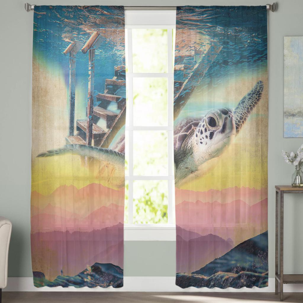 Sky Sea Turtle Mountain Window Treatment Tulle Modern Sheer Curtains for Kitchen Living Room the Bedroom Curtains Decoration
