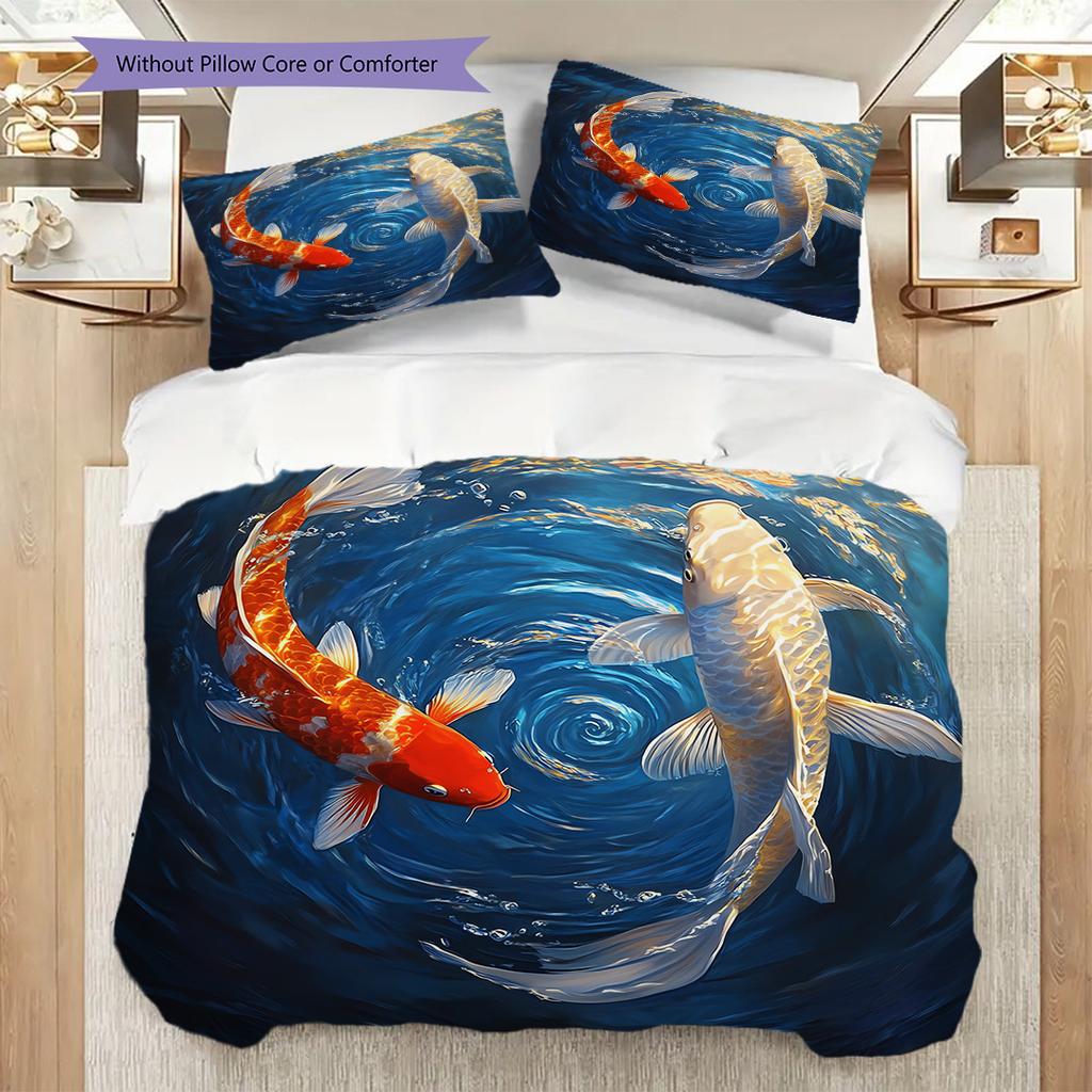 Koi Fish Pattern Bedding Quilt Set Quilt Cover Pillowcase Home Decoration Birthday Gift (1 * Duvet Cover + 2 * Pillowcase, Without Core)