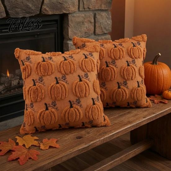 Quilted Embroidery Holiday Decor Fall Pumpkin Cushion Cover, 18x18 Inch Plush Throw Pillow Skin Friendly Fabric Cases Farmhouse Case for Sofa