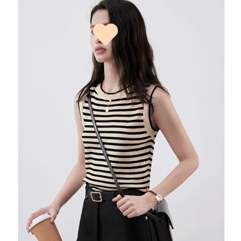 

Women s Retro Striped Ribbed Knit Crop Top - Chic Sleeveless Summer Style S (40-47.5 kg) абрикосовый