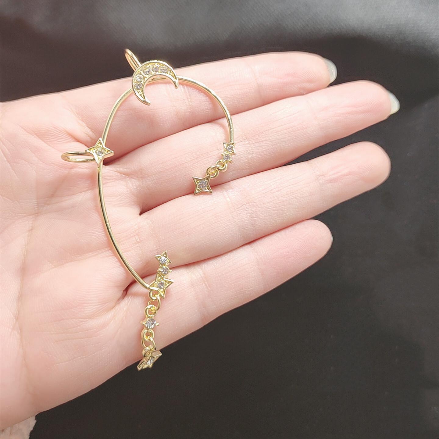 Elegant Rhinestone Star & Moon Ear Cuff Earrings