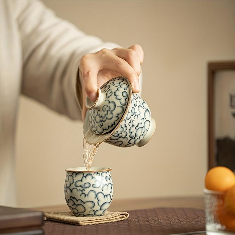 1set Rustic Ru Kiln Porcelain Tea Set Vintage Blue And White Floral Design Chinese Kung Fu Tea Ceremony Ceramic Teapot With Lid And Two Cups For Home
