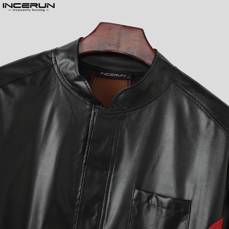 INCERUN Autumn Men Collarless Long Sleeve Zip-up PU Leather Casual Cropped Coats Jackets