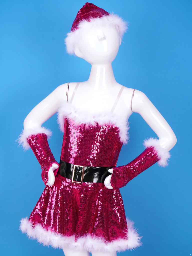 Girls Christmas Santa Dance Costume Adjustable Spaghetti Straps Sequins Leotard Dress Hat Arm Sleeves