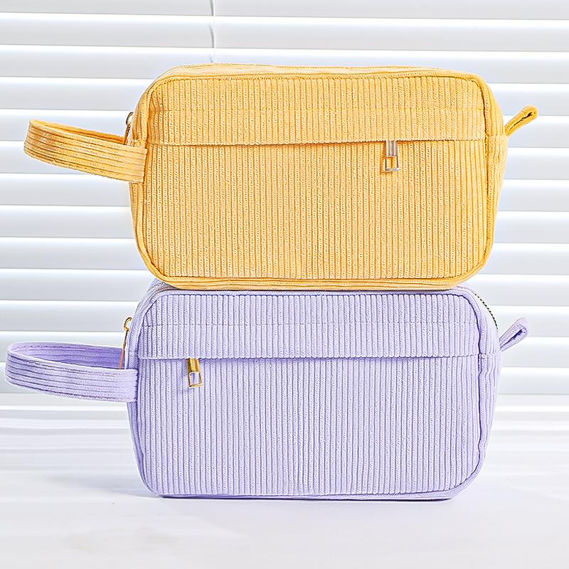 Cream Corduroy Pencil Case Big Capacity Square Shape Pen Case Pouch for Office School Supplies