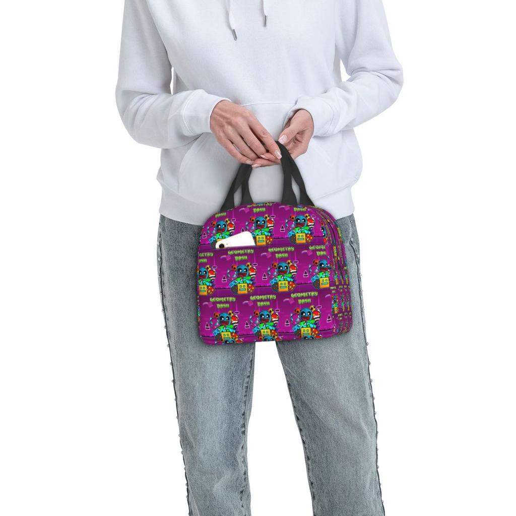 Video Game Geometry Dash Insulated Lunch Bag for Women Children Portable Food Boxes Thermal Lunch Box Tote