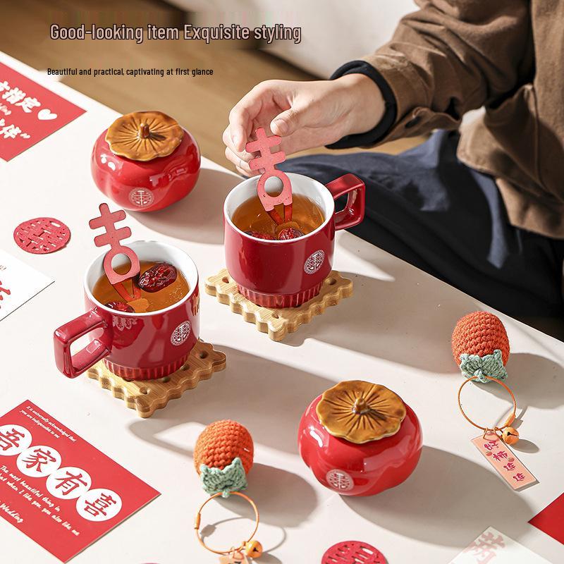 Persimmon Ruyi Wedding Gift Set: Double Happiness Cups for Newlyweds or Bestie's Engagement