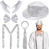 Shiny Sequined Hat Tie Gloves Set Masquerade Disco Stage Performance Costume  for Men Women
