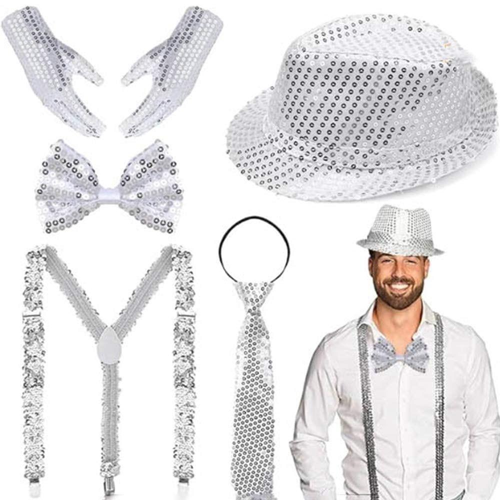 Shiny Sequined Hat Tie Gloves Set Masquerade Disco Stage Performance Costume  for Men Women