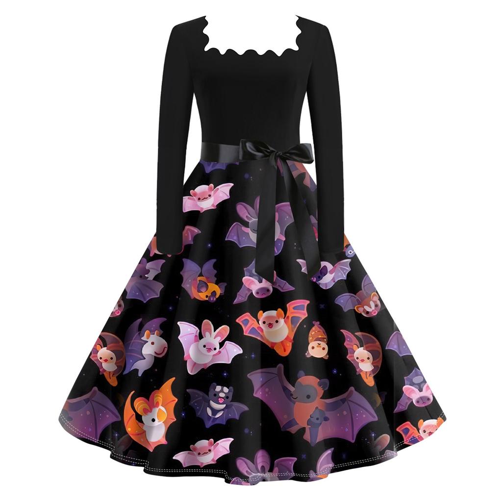 Damska codzienna moda Halloween Print Vintage sukienka z długim rękawem