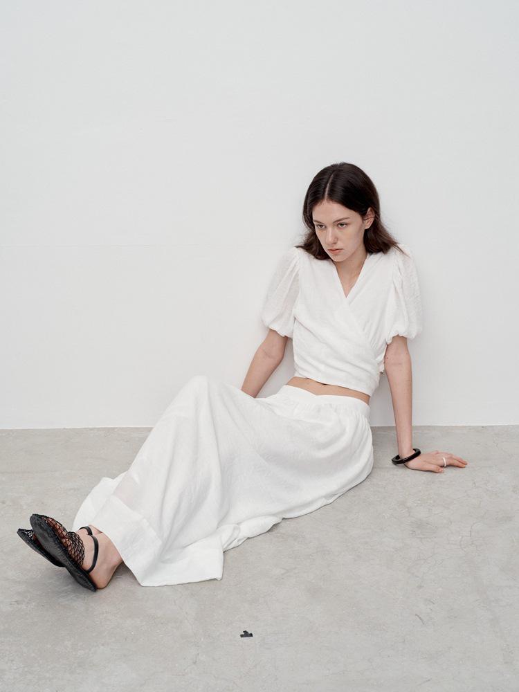 French Puff Sleeve Tie-Up Shirt - Women's V-Neck Summer Design, No Returns