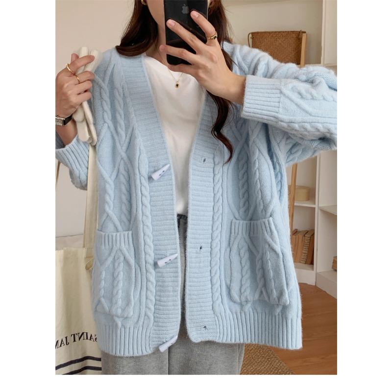 Retro horn button sweater jacket for women's autumn and winter new loose and lazy style versatile casual twist knitted cardigan for women