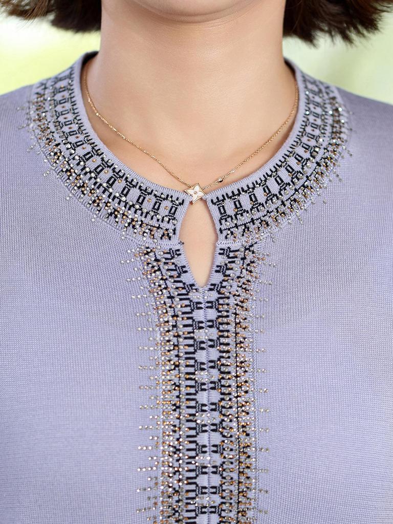 Schickes Herbst-Rundhals-Langarm-T-Shirt für Frauen mittleren Alters & ältere Frauen - Stilvolles Strickoberteil mit Gaze-Ärmeln