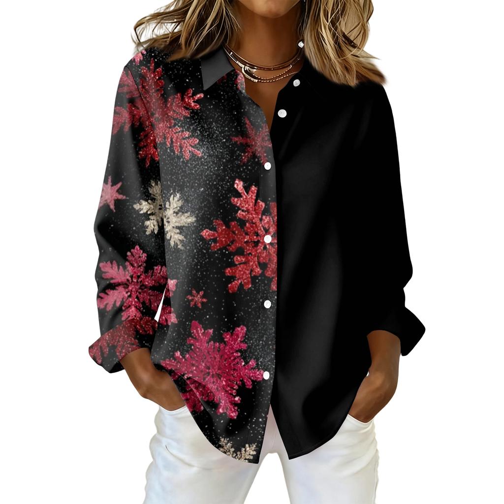 Naiste jõuluteemaline trükiga nööbitav pikkade varrukatega vabaaja tavaline kraega särk