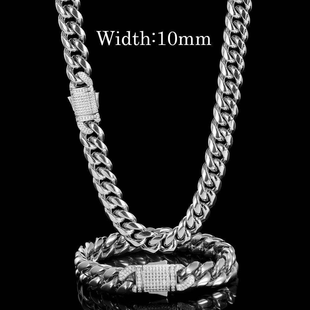 Zircon Clasp Cuban Link Bracelet Stainless Steel 10 mm Jewelry Link Chain Necklaces cuban chain&7inches